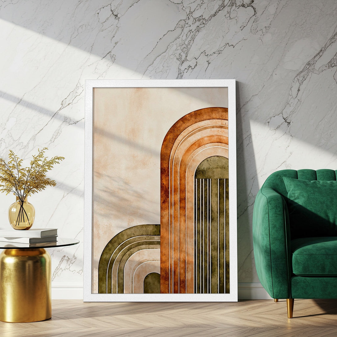 Framed Poster featuring abstract arch design in warm earth tones. Modern art print perfect for home decor.