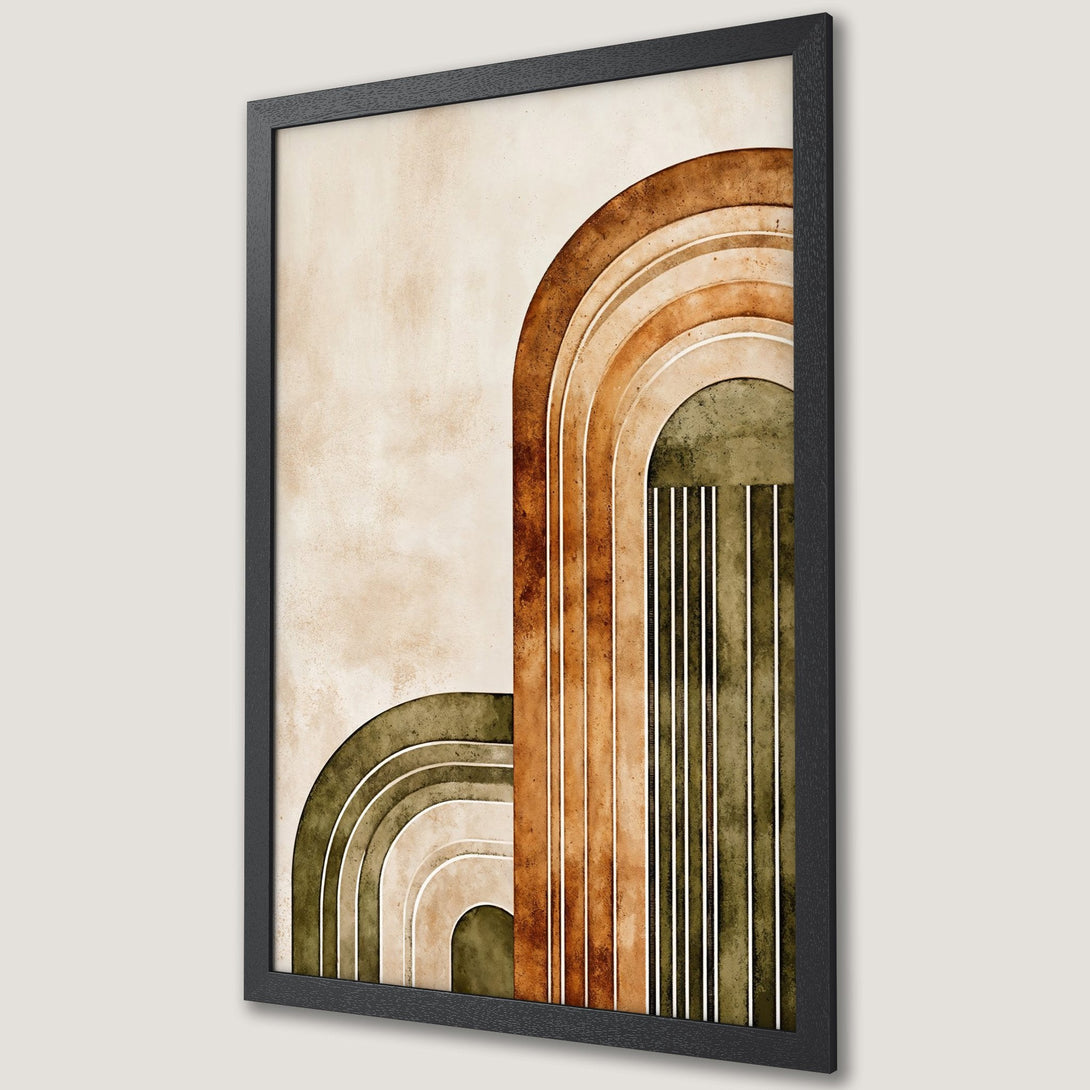 Framed Poster featuring abstract arch design in earthy tones. Modern art print with a warm, neutral color palette perfect for any home.