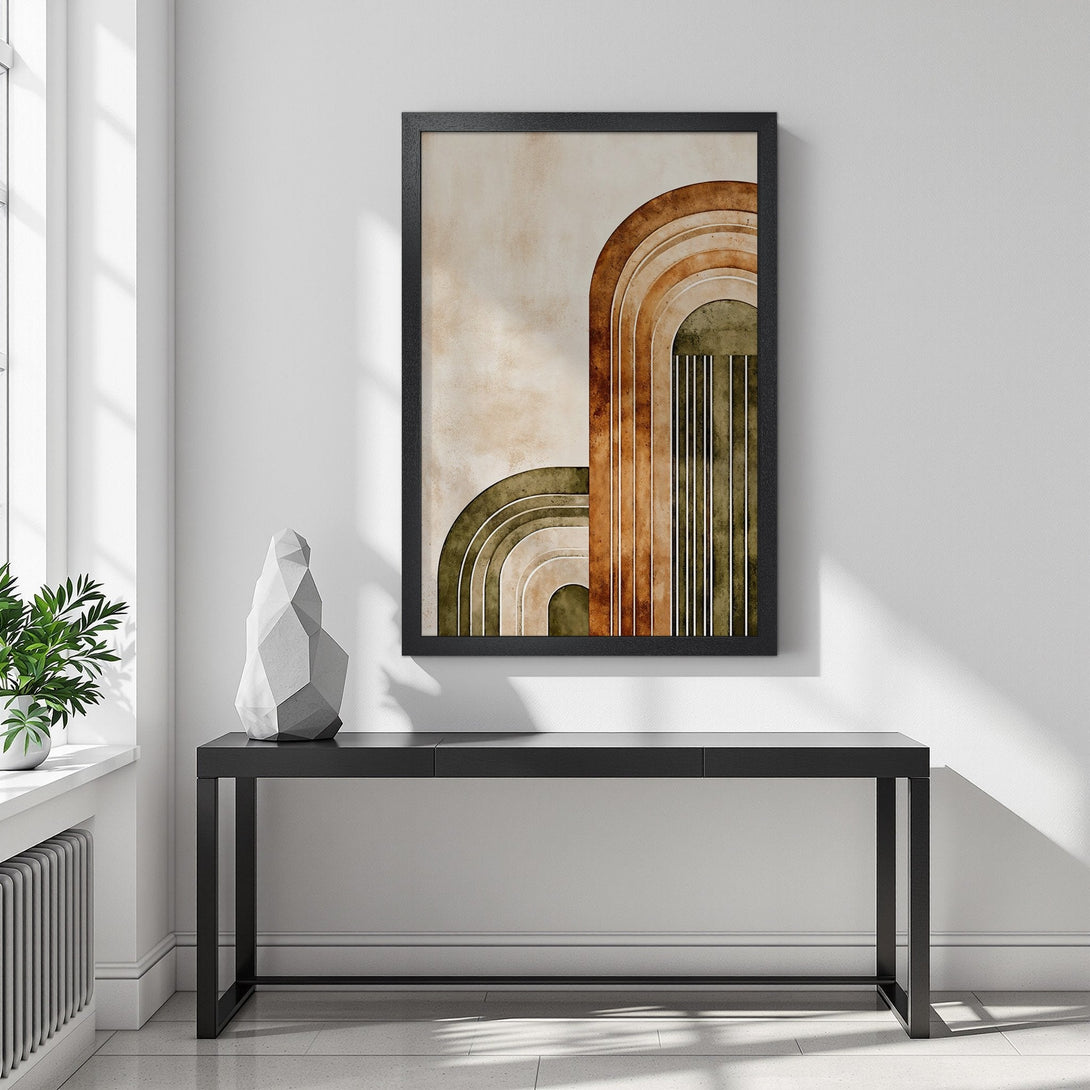 Framed Poster featuring an abstract arch design in earthy tones. Modern art print for stylish home decor.