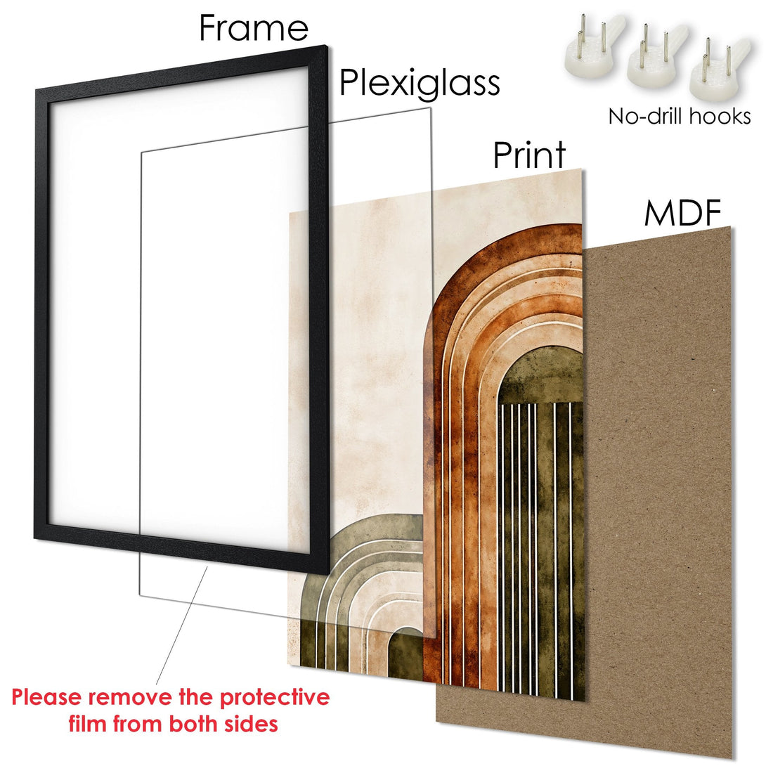 Framed Poster with abstract rainbow art in earthy tones. Modern wall decor for your home.