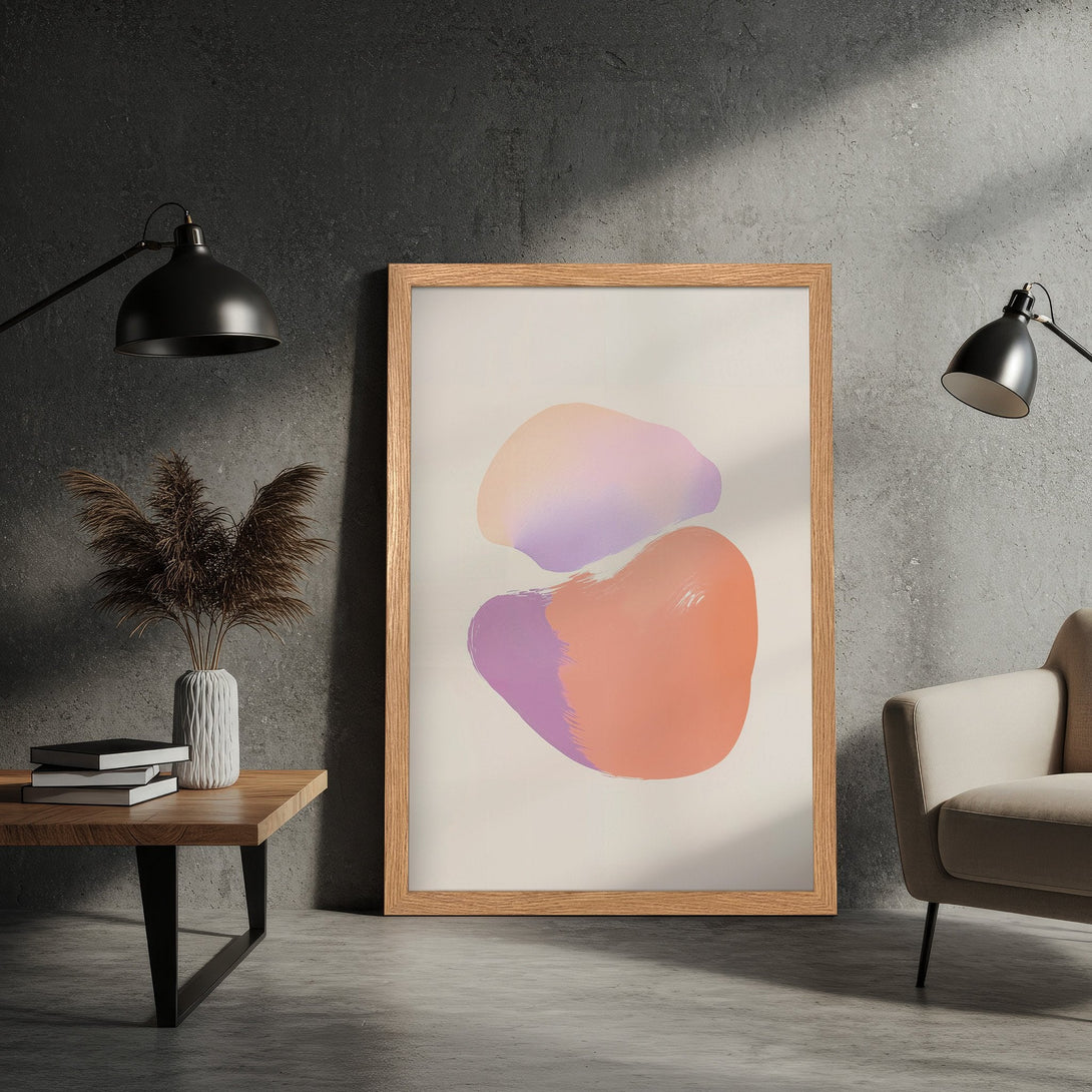 Framed Poster with abstract art in peach and purple tones. Modern style art print for your home decor.