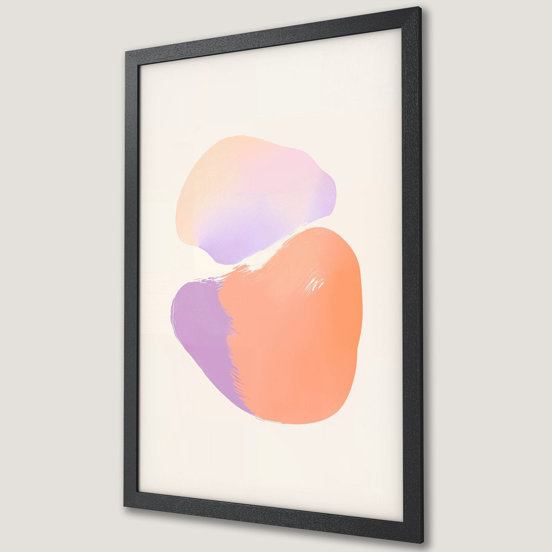 Framed Poster featuring abstract art with a soft, pastel color palette of peach, purple, and cream. Modern wall decor for your home.