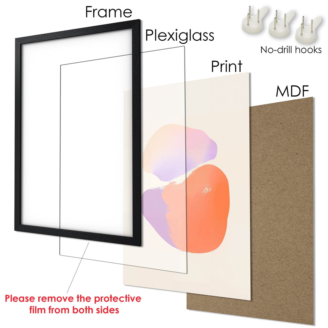 Framed Poster with abstract art in orange and purple hues. Modern style, ready to hang.