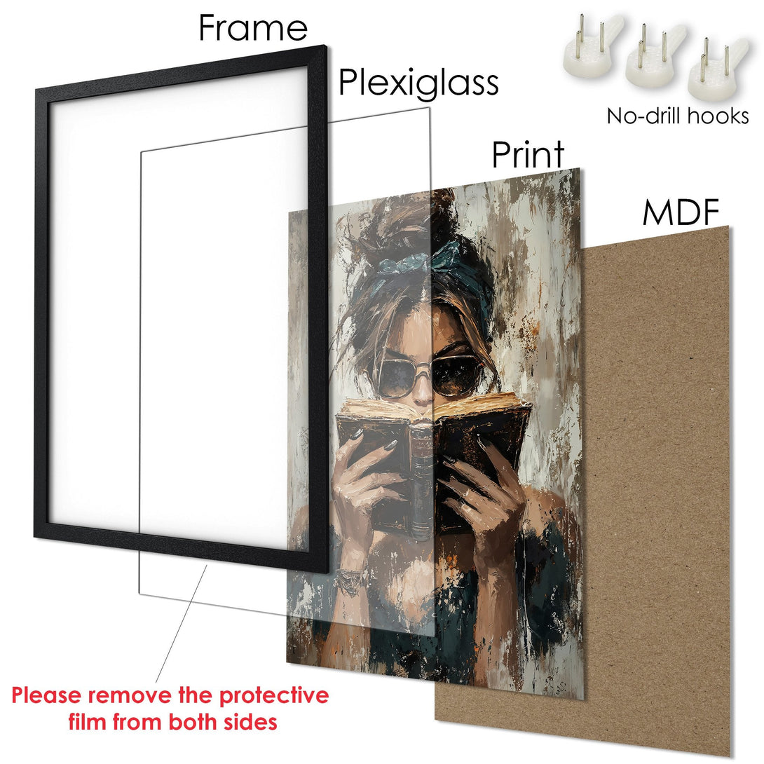Framed Poster featuring a woman reading, artistic style, neutral and teal tones. Perfect wall art for your home!