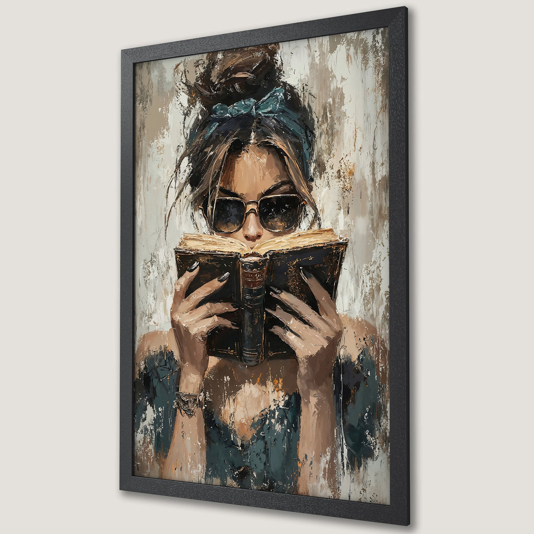 Framed Poster of woman reading, abstract style, neutral and teal color palette. Perfect wall art for any room.