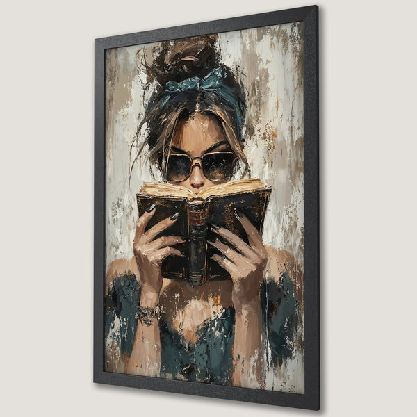 Framed Poster of woman reading, abstract style, neutral and teal color palette. Perfect wall art for any room.