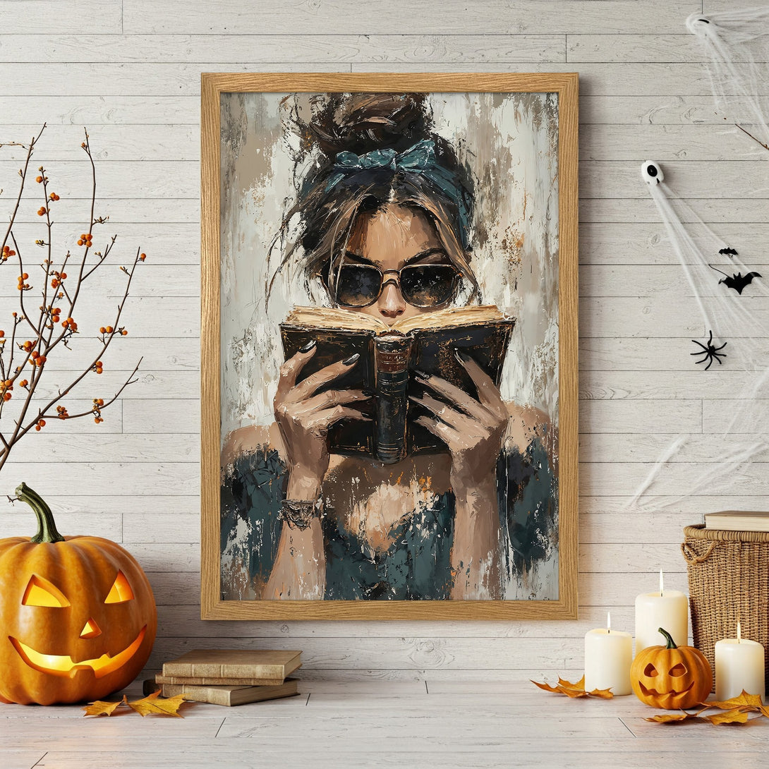 Framed Poster featuring a woman reading a book, abstract style, teal & neutral color palette, perfect for Halloween decor.