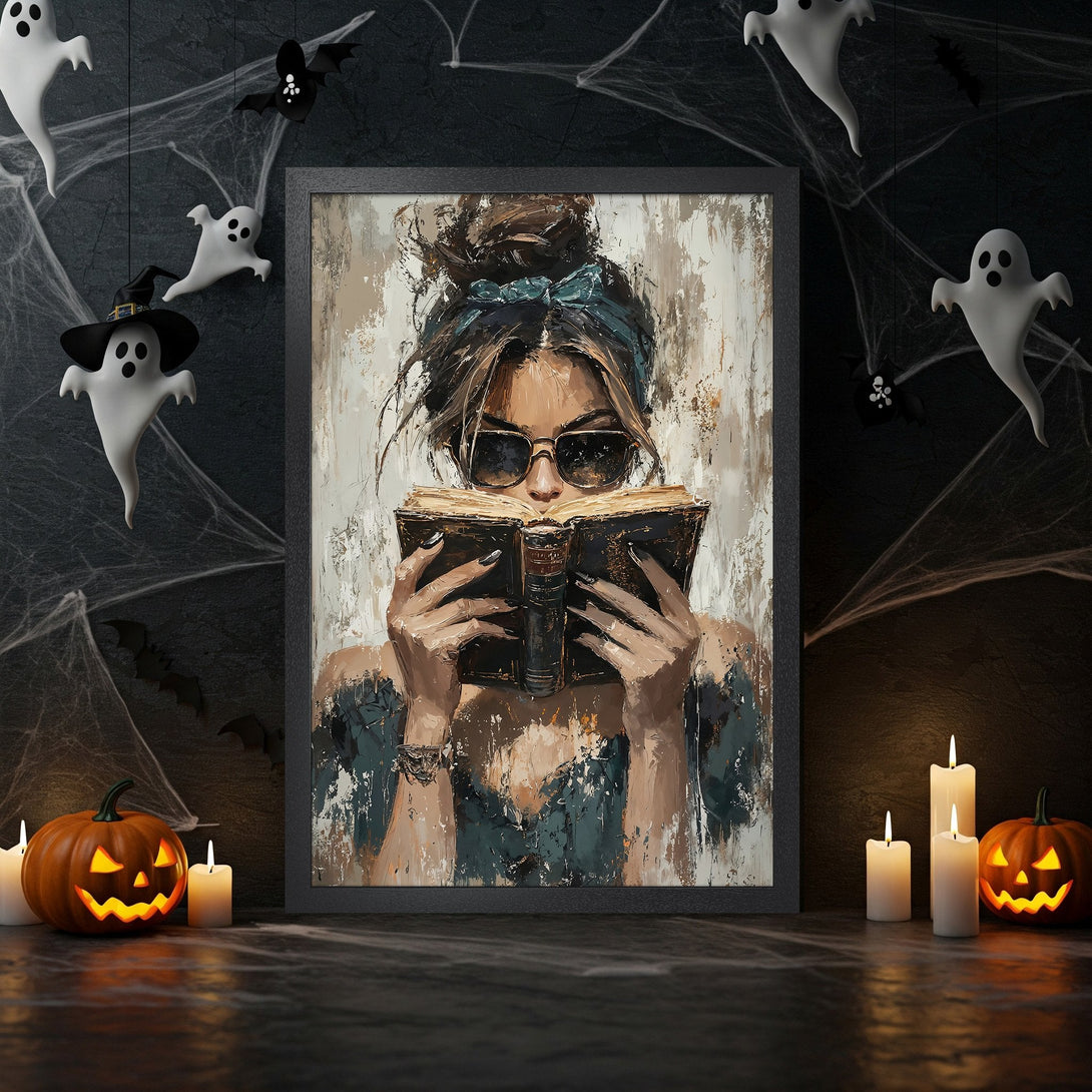 Framed Poster featuring a woman reading, impressionist style, with teal, brown, and beige color palette, perfect for Halloween decor.