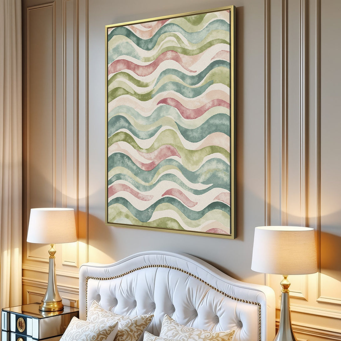 Canvas Print: Abstract wave art in watercolor style. Features a calming palette of green, pink, and blue. Perfect wall decor for a modern living room.