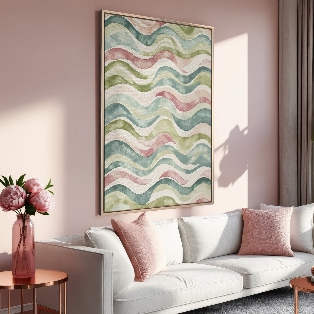 Framed Wall Art: Abstract watercolor waves in pink, green, and blue. Modern art for living room decor. Adds a touch of elegance and style.