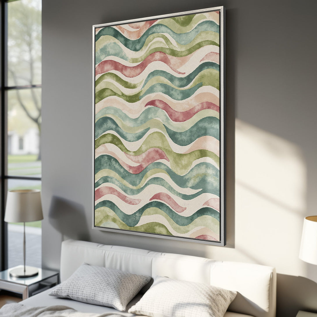 Framed Wall Art featuring abstract watercolor waves in green, pink, and beige. Perfect for adding a pop of color and modern style to your home decor.