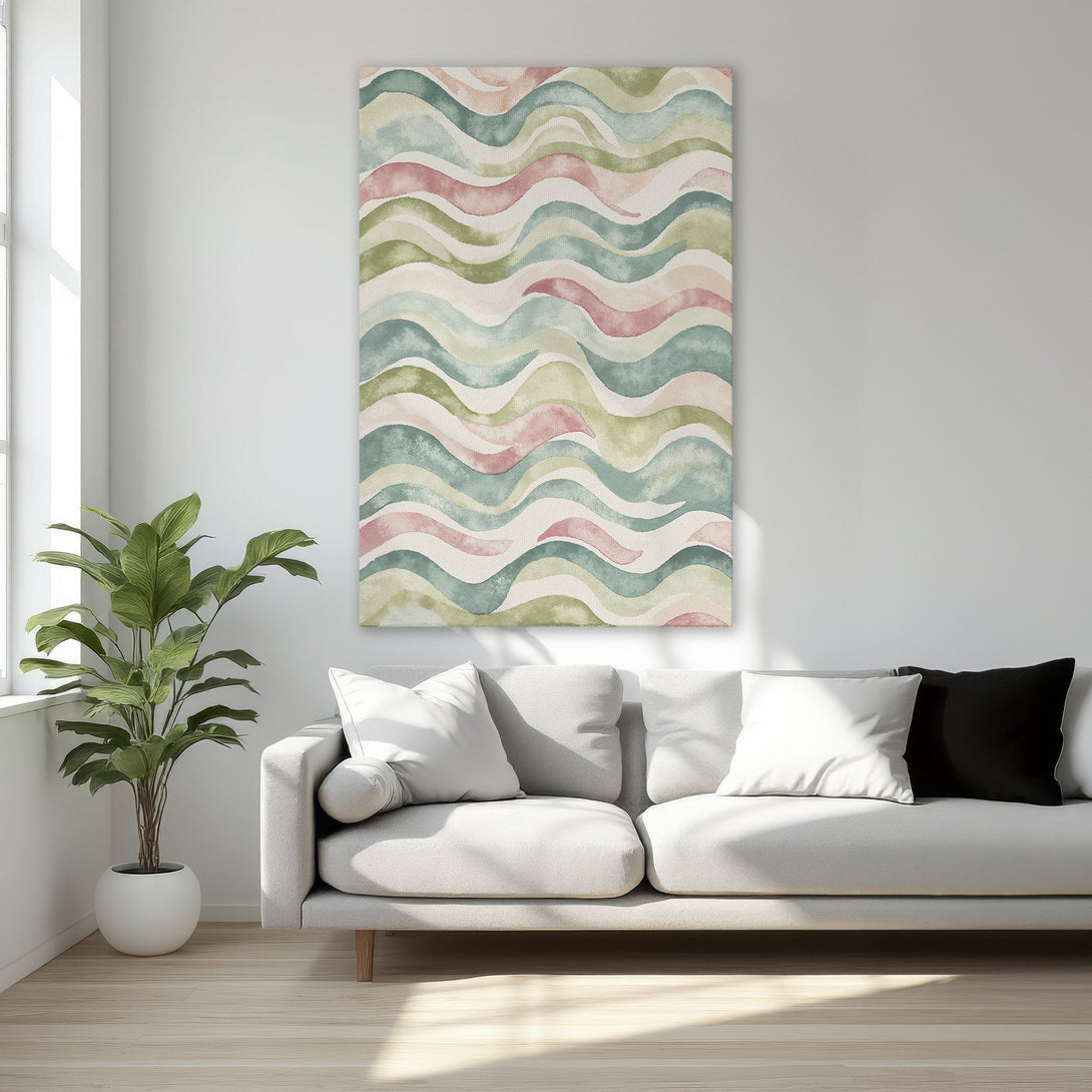 Framed Wall Art featuring a watercolor wave design in soft green, pink, and teal hues. Perfect for adding a touch of elegance to your bedroom decor.