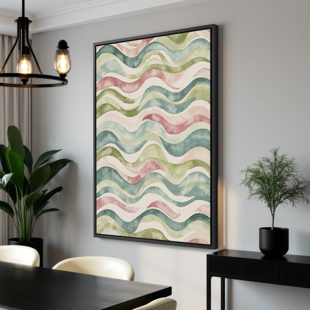 Framed Wall Art featuring a watercolor wave design in muted green, pink, and beige tones. Perfect for adding a touch of modern elegance to your home.