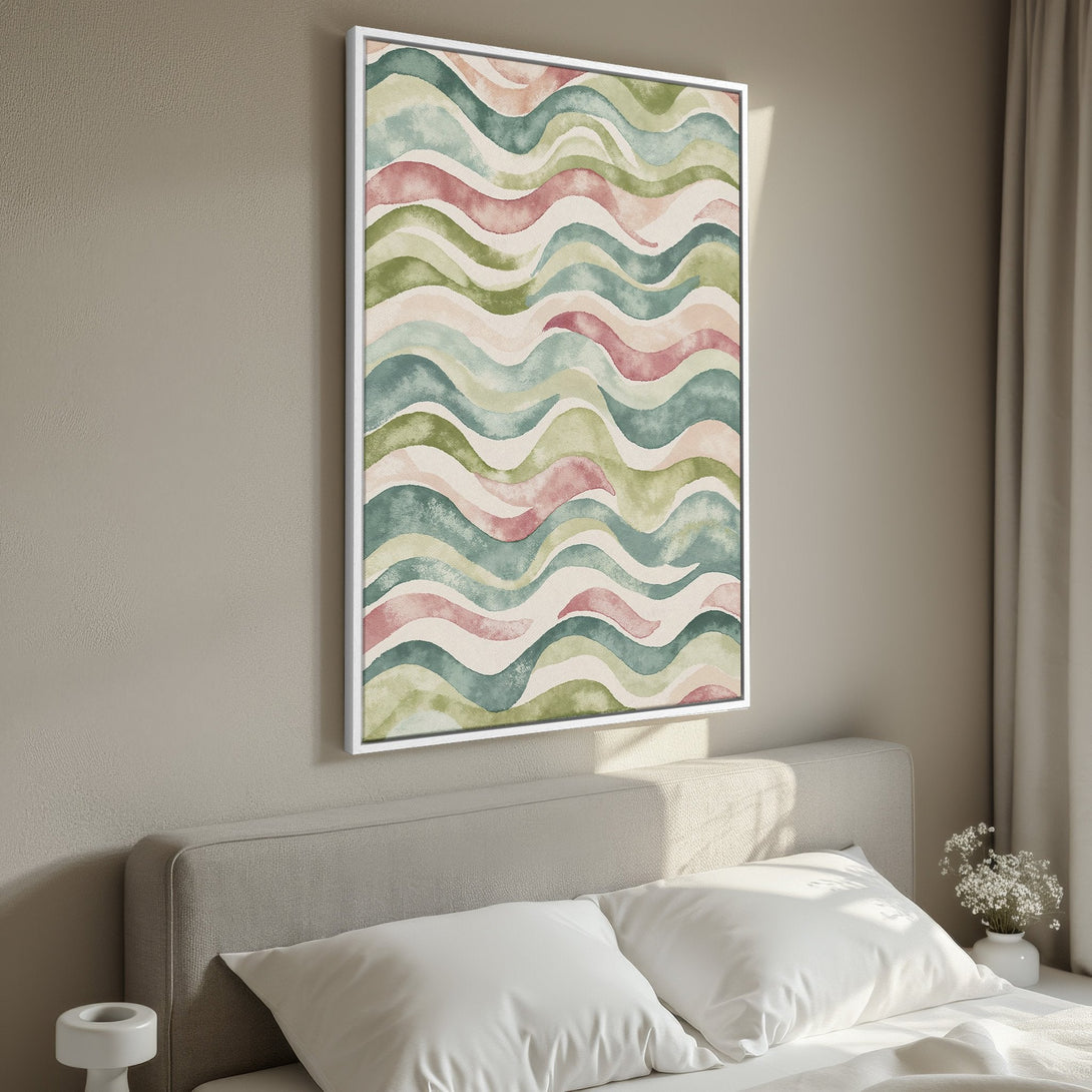 Framed Wall Art featuring a watercolor wave pattern in muted greens, pinks, and beige. Perfect for adding a touch of calm to your bedroom decor.