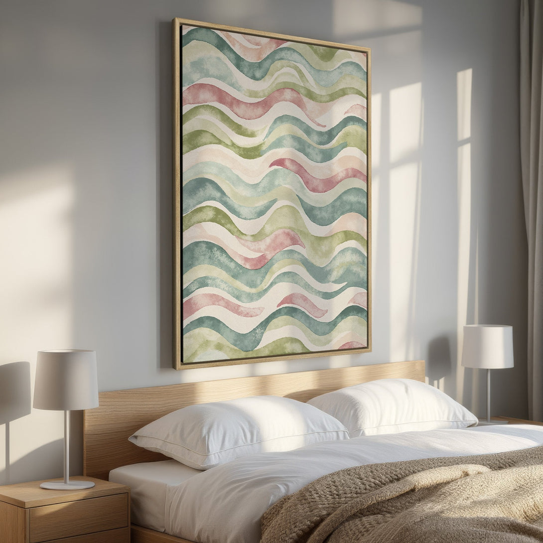 Framed Wall Art: Abstract watercolor waves in green, pink, and blue. Modern art print for bedroom decor. Soft, calming color palette.