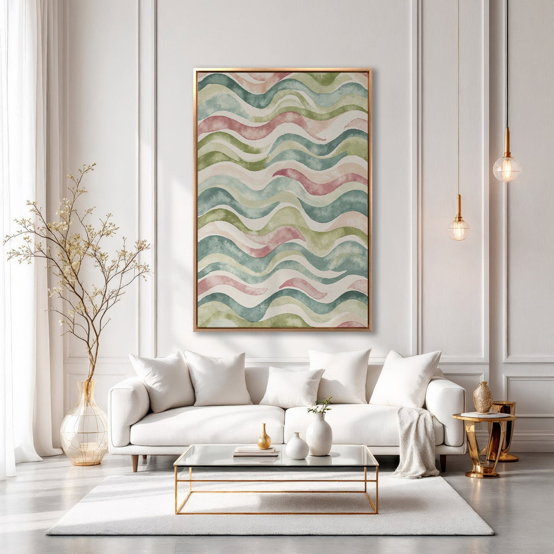 Framed Wall Art: Abstract watercolor wave design in green, pink, and blue hues. Modern living room decor inspiration. Shop our Canvas Print collection!