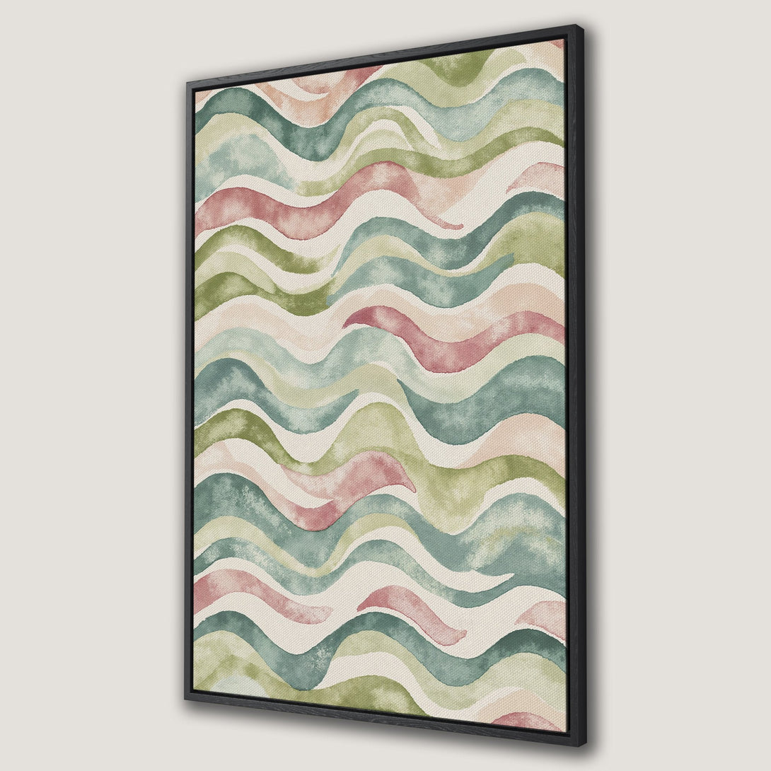 Framed Wall Art featuring a watercolor wave design in muted green, pink, and beige tones. Perfect for adding a touch of modern art to your home decor.