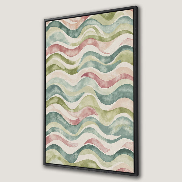 Framed Wall Art featuring a watercolor wave design in muted green, pink, and beige tones. Perfect for adding a touch of modern art to your home decor.