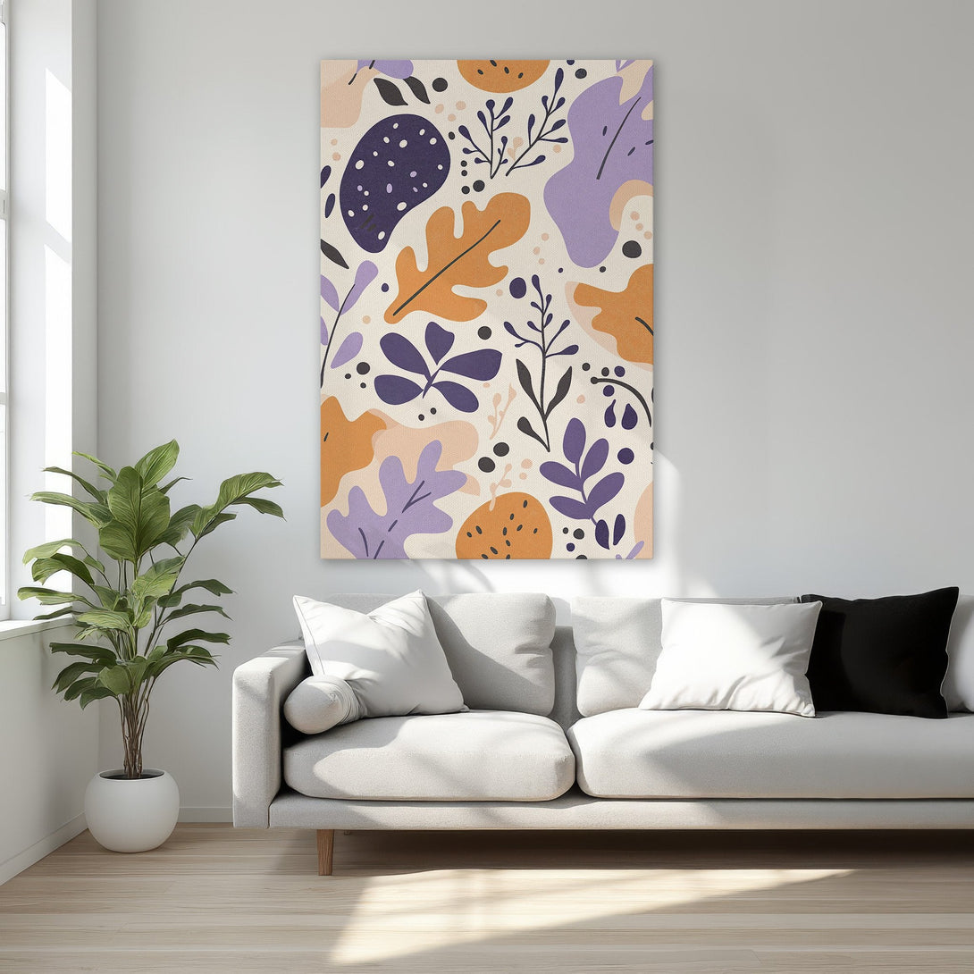 Framed Wall Art: Abstract floral Canvas Print in warm tones of orange, purple, and beige. Modern art for bedroom decor.