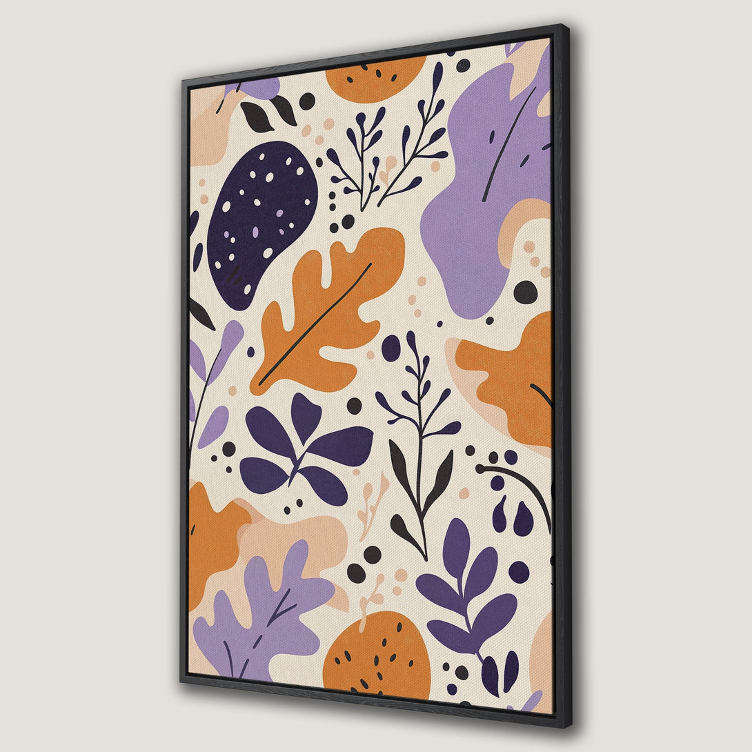 Framed Wall Art featuring an abstract botanical design in a modern style. The canvas print showcases a warm color palette of orange, purple, and cream.
