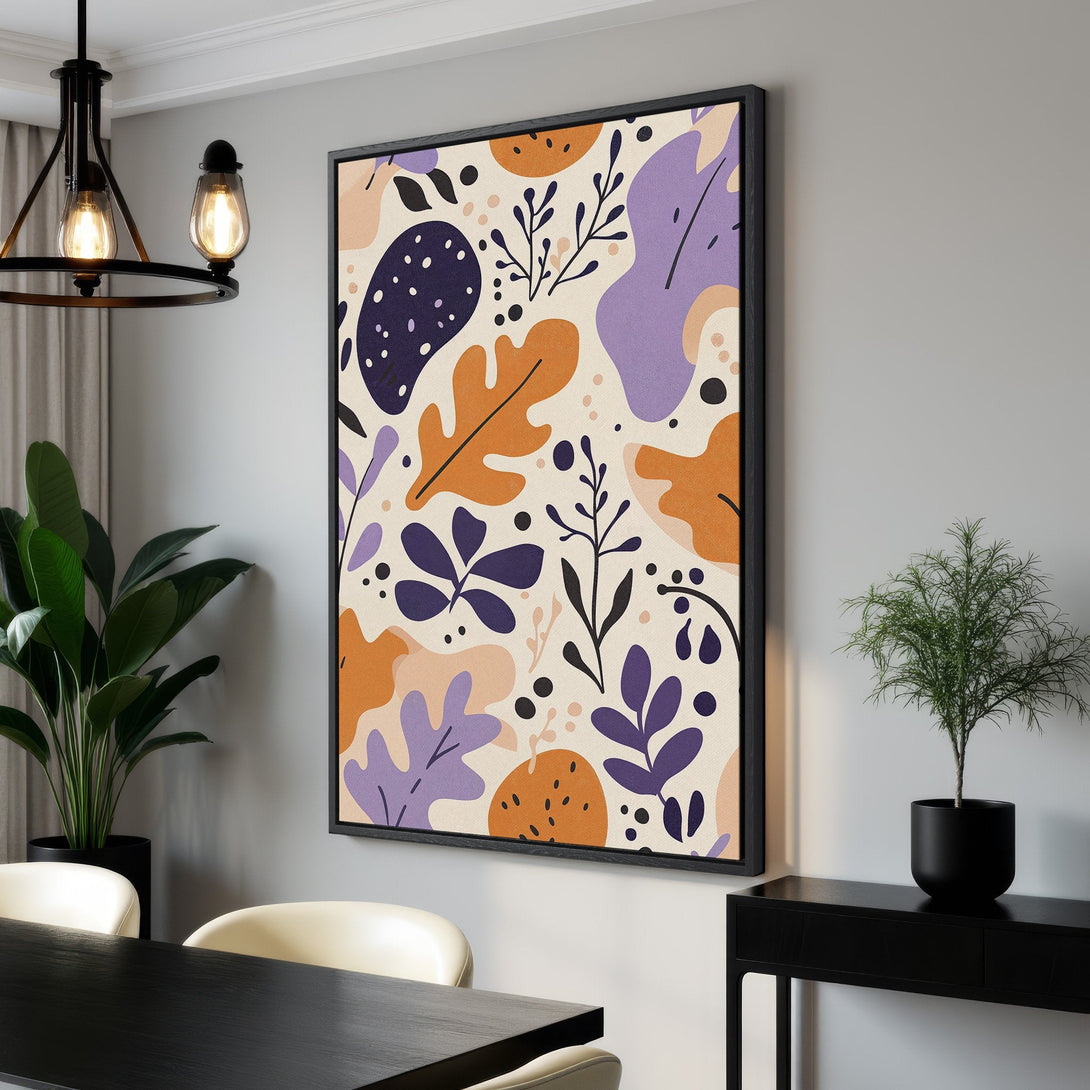 Framed Wall Art featuring abstract botanical design in a modern style. Earthy tones of orange, purple, and beige add a touch of nature to any space.