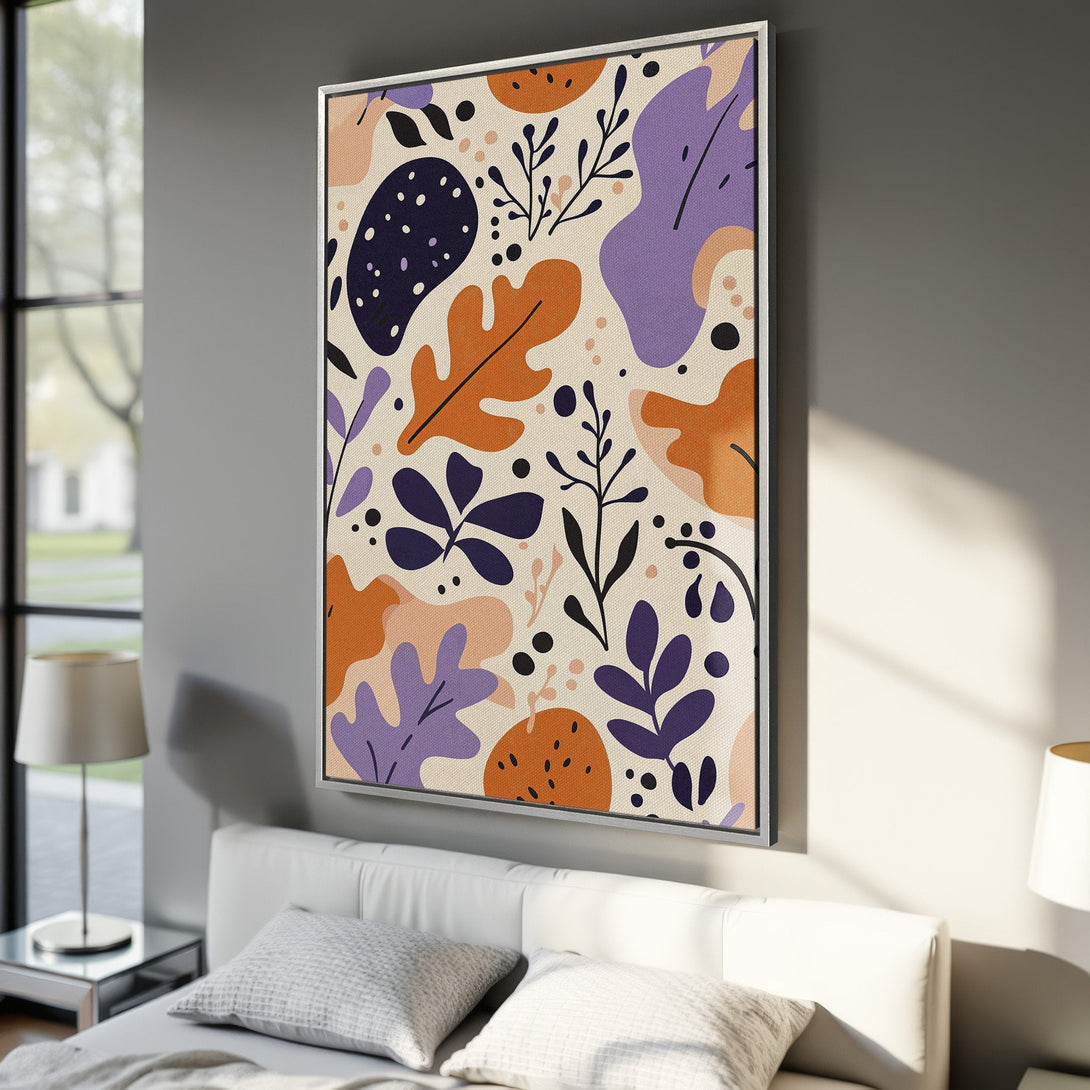 Framed Wall Art featuring a vibrant abstract floral design. Modern art with a warm color palette of orange, purple, and cream. Perfect for adding a pop of color!