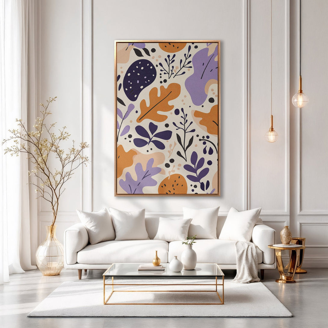 Framed Wall Art: Abstract botanical print in warm tones. Modern living room decor with orange, purple, and beige color palette. Elevate your space with stylish art.