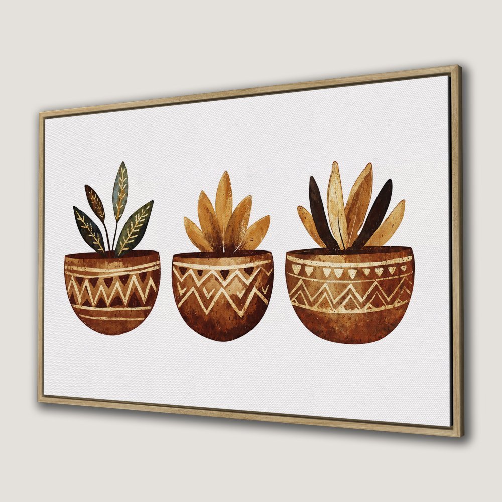 Framed Wall Art: Watercolor plants in terracotta pots. Boho style, warm brown & gold palette. Perfect for adding a touch of nature.