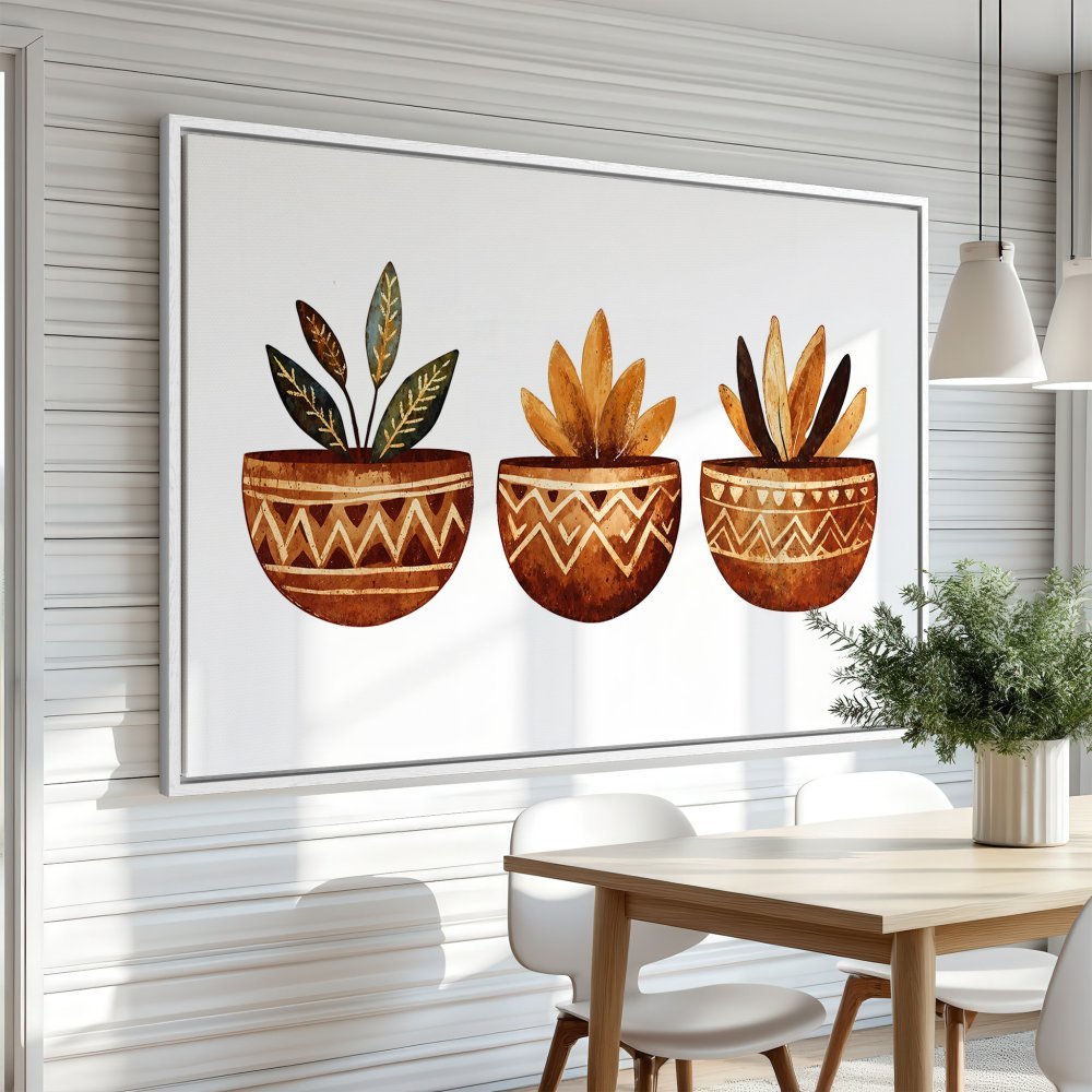 Framed Wall Art: Watercolor plants in terracotta pots. Earthy tones and boho style. Perfect for dining room decor.