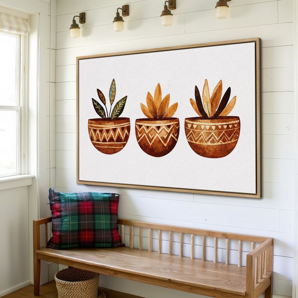 Canvas Print: Watercolor botanical art in warm earth tones. Framed wall art featuring potted plants, perfect for rustic home decor.