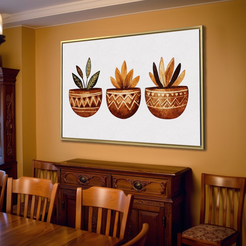 Canvas Print of watercolor potted plants in warm brown tones, perfect for adding a touch of boho style to your living room.