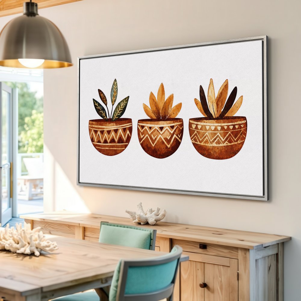 Framed Wall Art: Watercolor plants in terracotta pots. Earthy tones and boho style, perfect for adding warmth to your home decor.