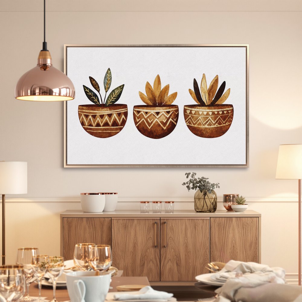 Framed Wall Art: Watercolor succulents in brown pots. Boho style art with warm earth tones. Perfect for dining room decor.
