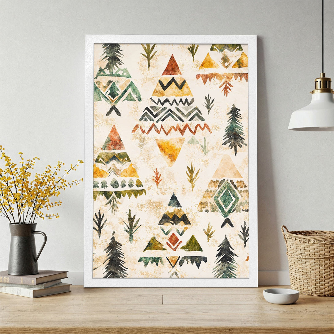 Framed Poster featuring abstract tribal trees in watercolor style with earth tone color palette. Perfect wall art!