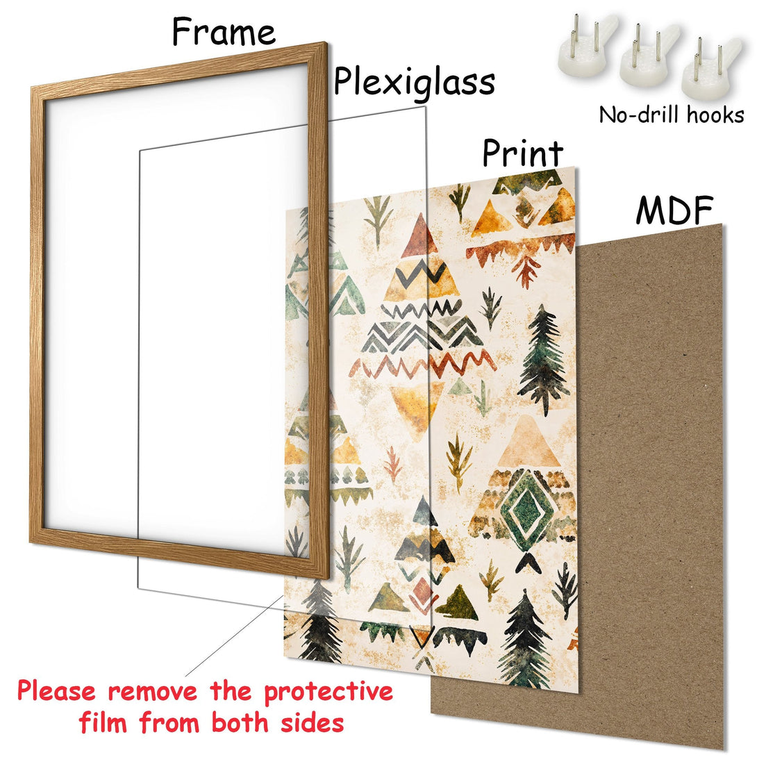 Framed Poster with tribal design in earthy tones. Perfect wall art for your home! Includes frame, plexiglass, and no-drill hooks.