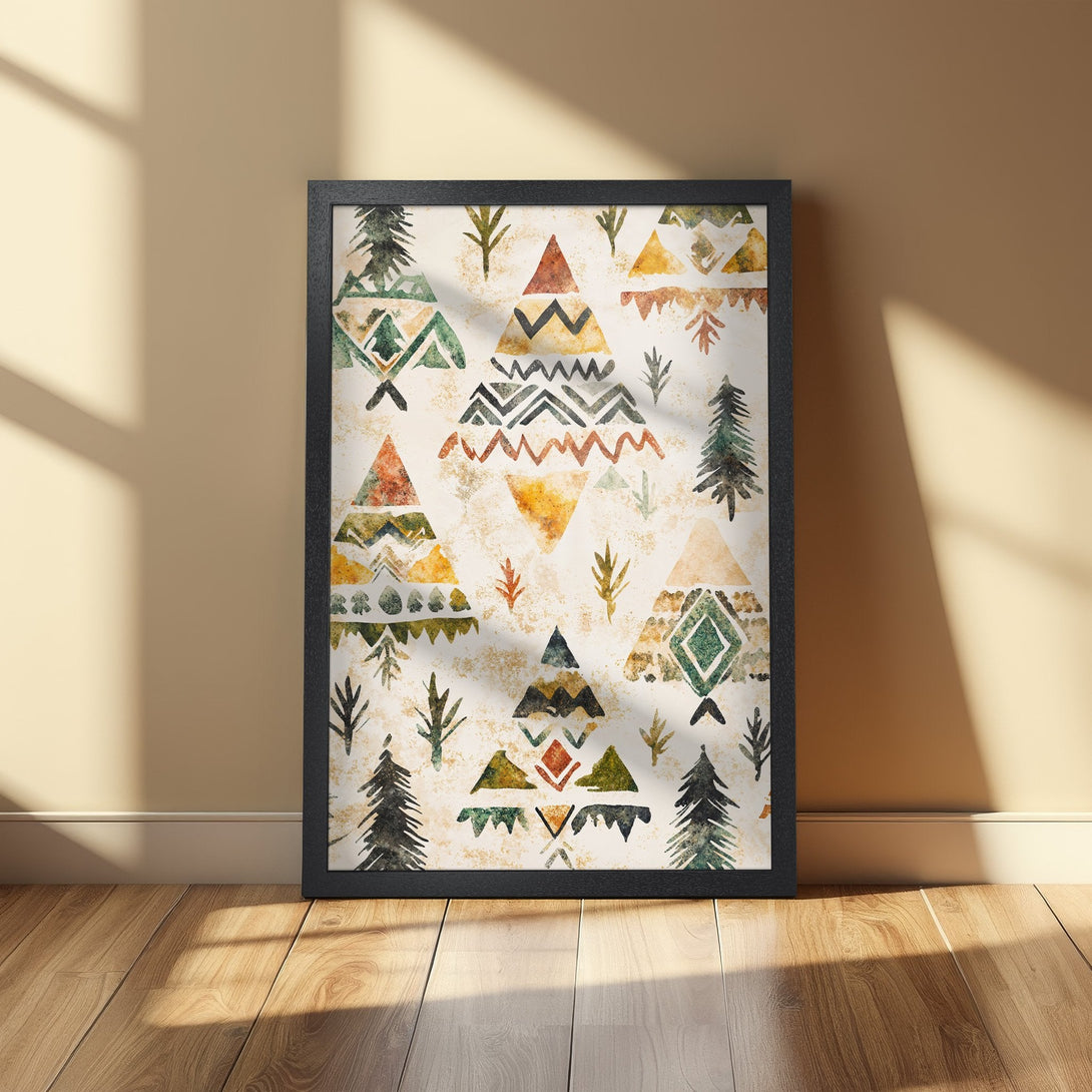 Framed Poster featuring an abstract geometric design with a watercolor effect. Earthy color palette of greens, oranges, and browns. Modern art for your home.