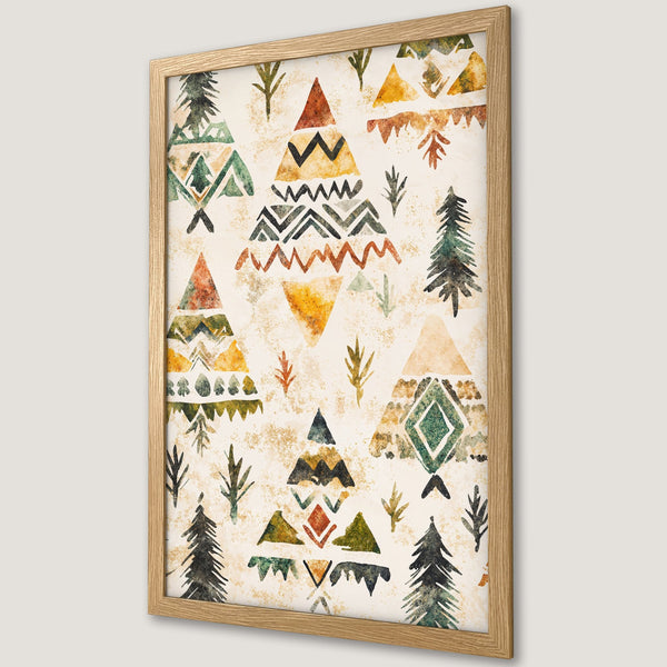 Framed Poster featuring watercolor tribal art in earthy tones. Perfect wall decor for a bohemian or rustic interior.