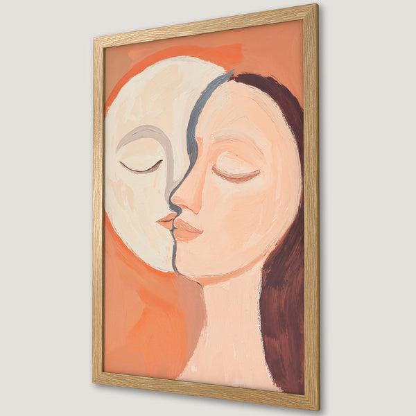 Framed Poster featuring an abstract painting of two faces in a warm, earthy color palette. Modern art for your home!