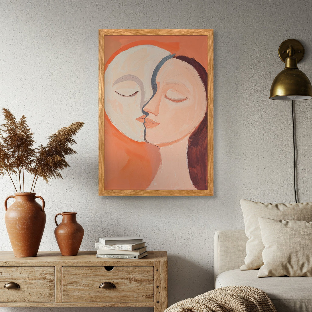 Framed Poster featuring an abstract illustration of two faces in warm orange tones, perfect for adding art to your space!