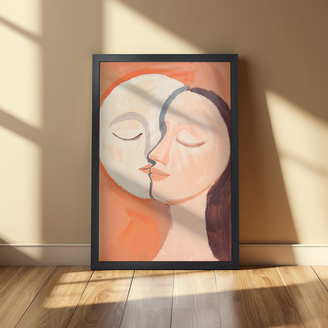 Framed Poster featuring abstract faces in warm orange and brown tones, perfect for modern home decor.