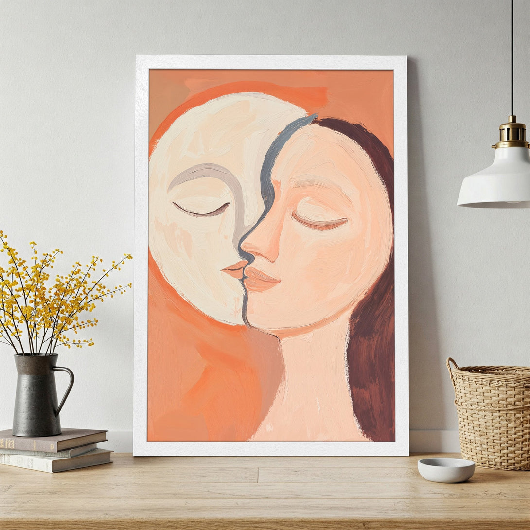 Framed Poster featuring abstract art of two faces kissing, warm peach and brown color palette, modern style. Perfect wall decor.