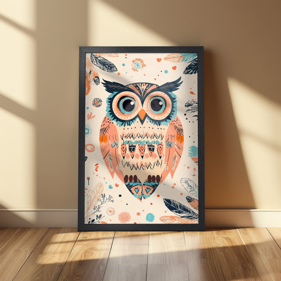 Framed Poster featuring a colorful, boho owl illustration. Soft peach, teal, and cream color palette. Perfect wall art for any room.