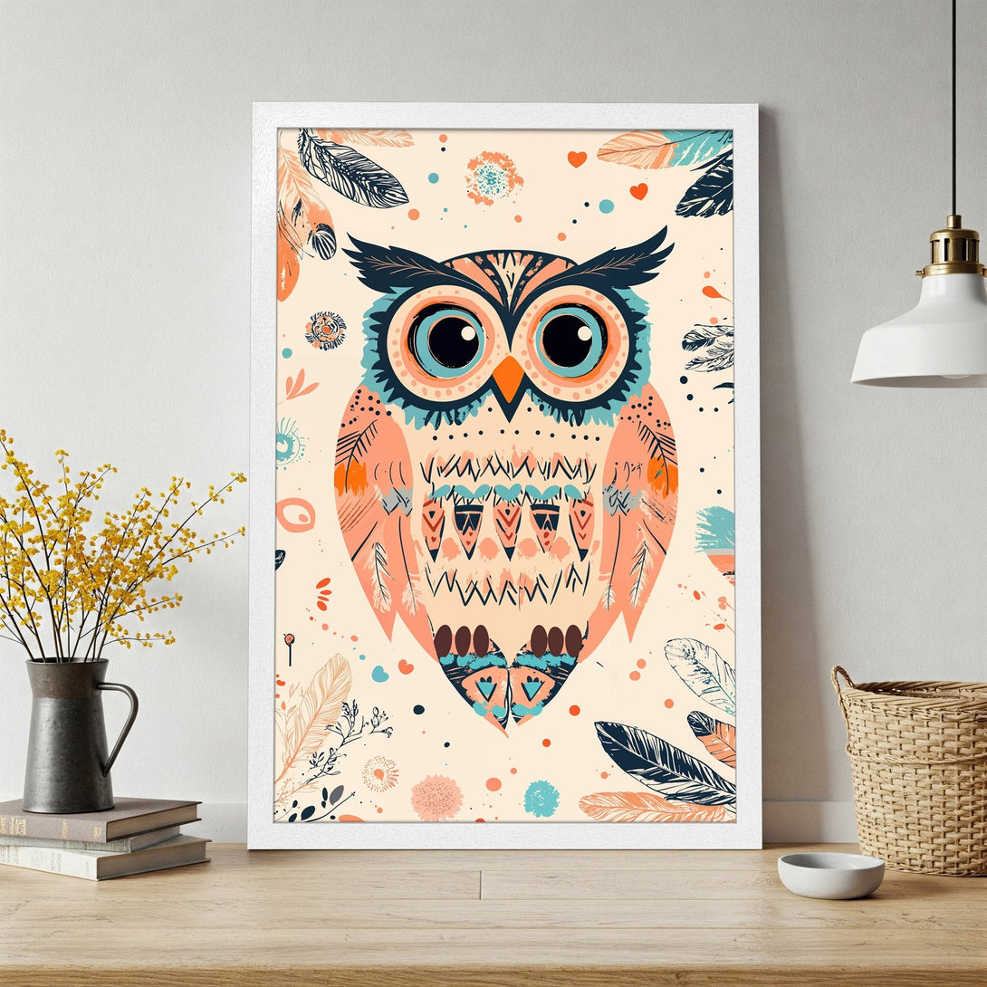 Framed Poster featuring a whimsical owl illustration in boho style, with a warm peach, teal, and navy color palette. Perfect wall art!