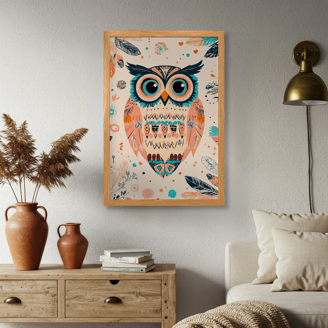 Framed Poster featuring a colorful owl illustration in a boho style. Warm peach, teal, and navy color palette. Perfect wall art!