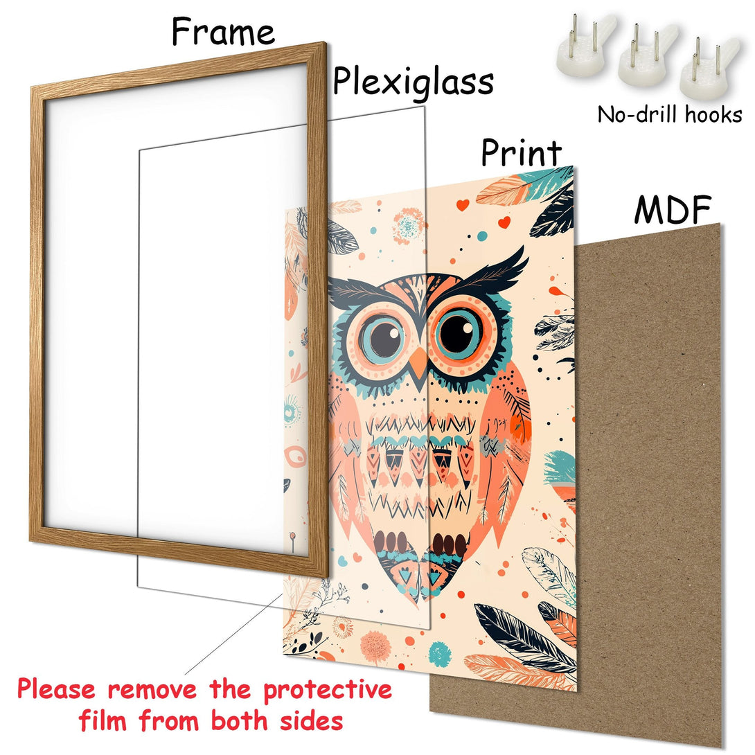 Framed Poster featuring an owl illustration in a boho style with a warm, earthy color palette. Perfect wall art!