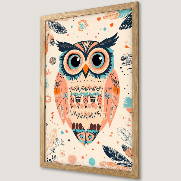 Framed Poster featuring a whimsical owl illustration in a boho style with a warm, earthy color palette. Perfect wall art!