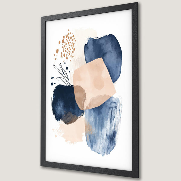 Framed Poster featuring abstract watercolor art in navy, blush, and gold tones. Modern wall decor for your home.