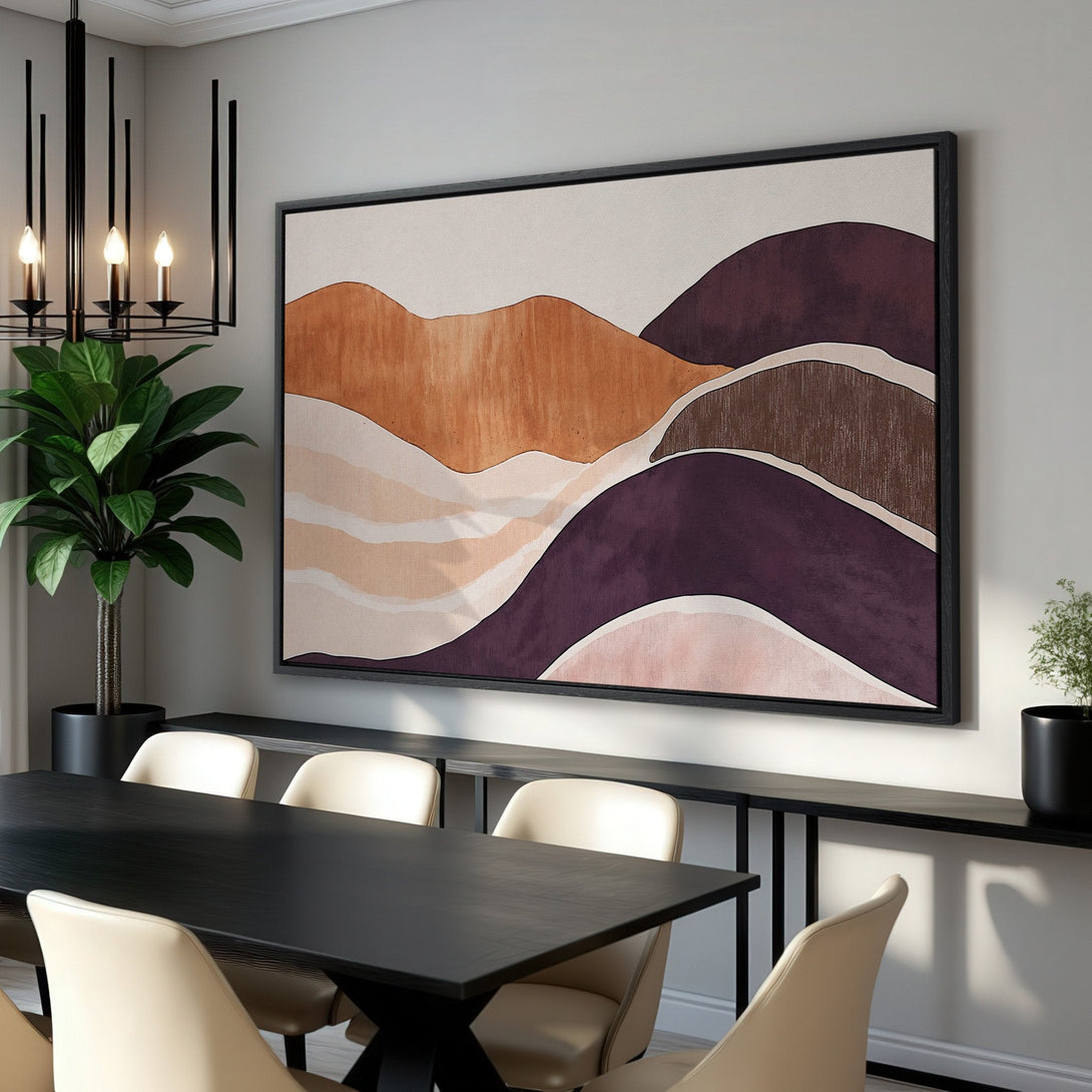 Framed Wall Art: Abstract landscape Canvas Print in warm earth tones, perfect for modern home decor. Adds a touch of elegance to any space.