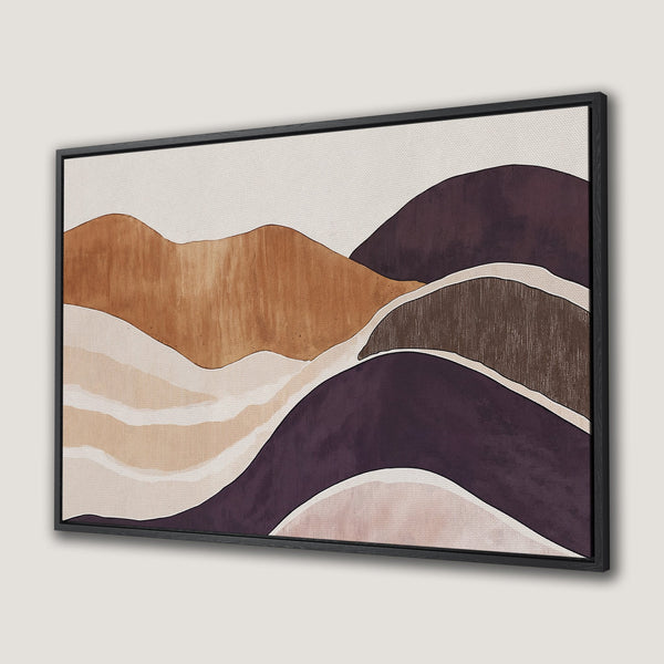 Framed Wall Art featuring an abstract landscape in earthy tones. Modern Canvas Print with warm brown, beige, and deep purple color palette.