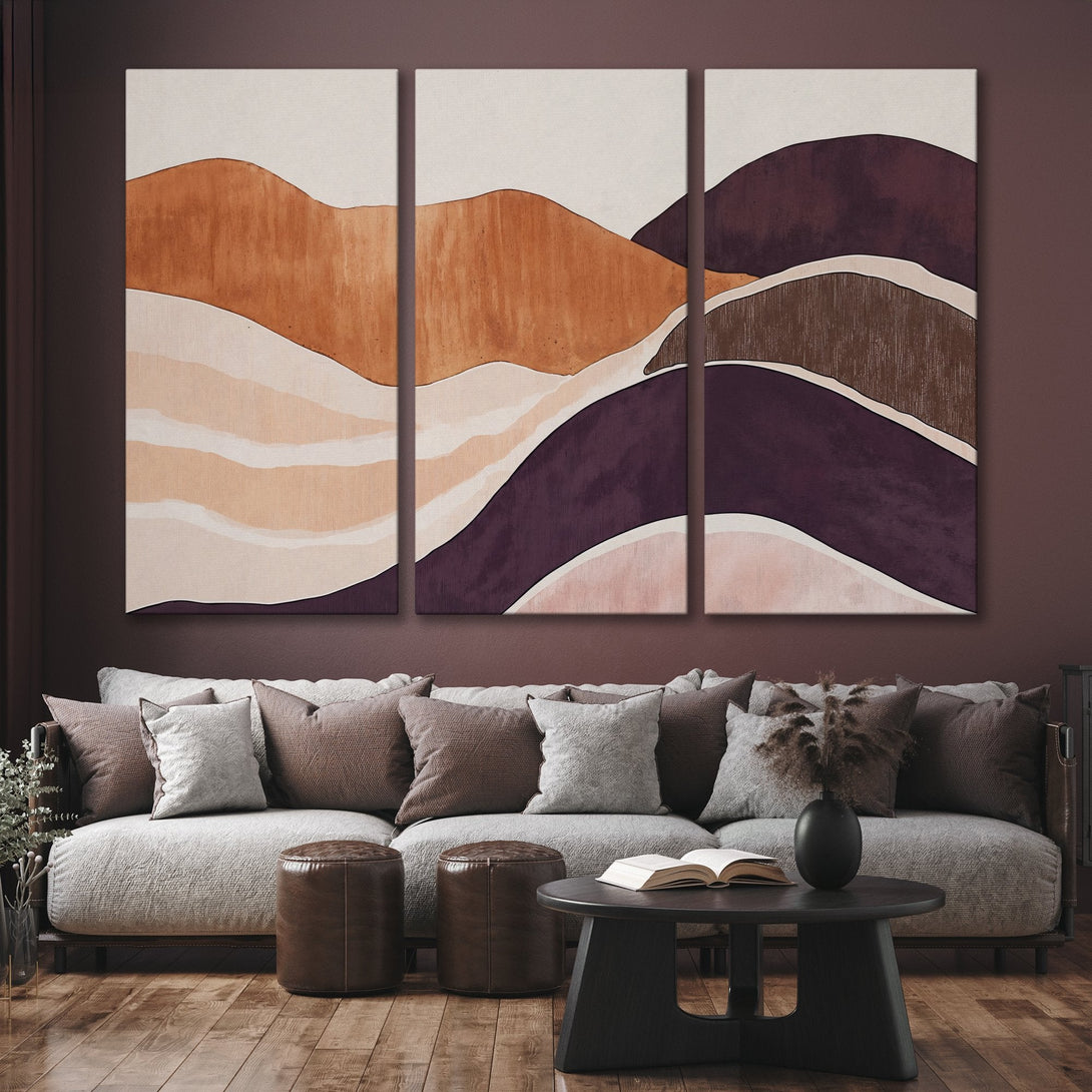 Abstract landscape Canvas Print in warm earth tones. Modern wall art with a minimalist style, featuring a palette of browns, oranges, and purples.